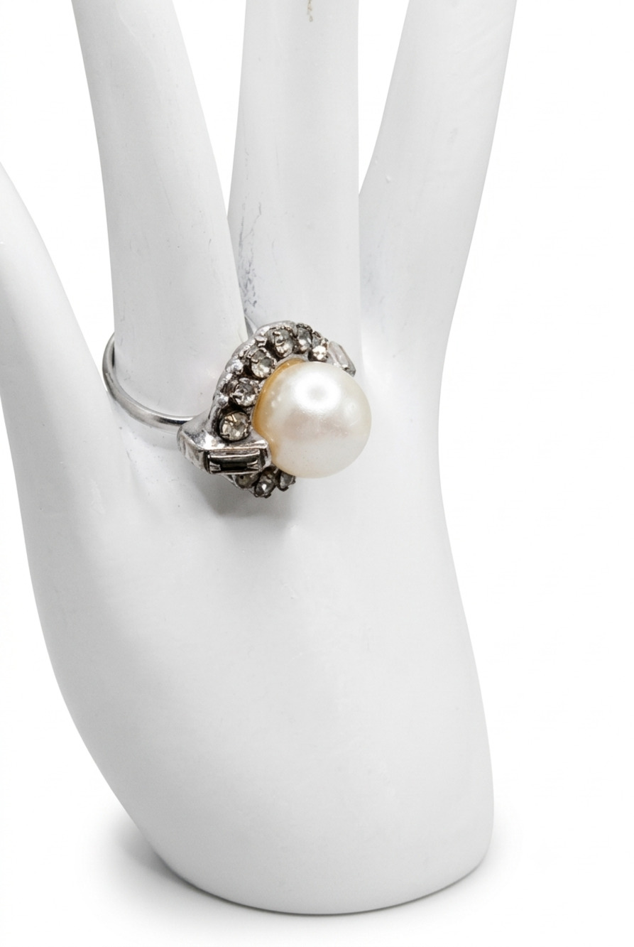 Vintage Sarah Coventry Faux Pearl Rhinestone Adjustable Cocktail Ring